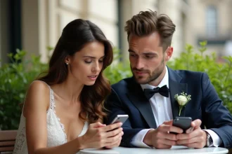 Jeune couple marié à Paris utilisant leurs smartphones