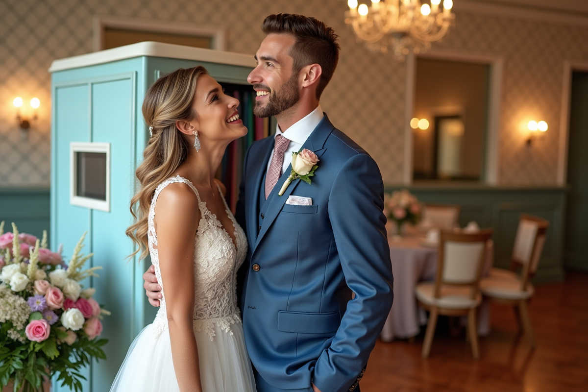 Jeune couple marié souriant près du photobooth intérieur