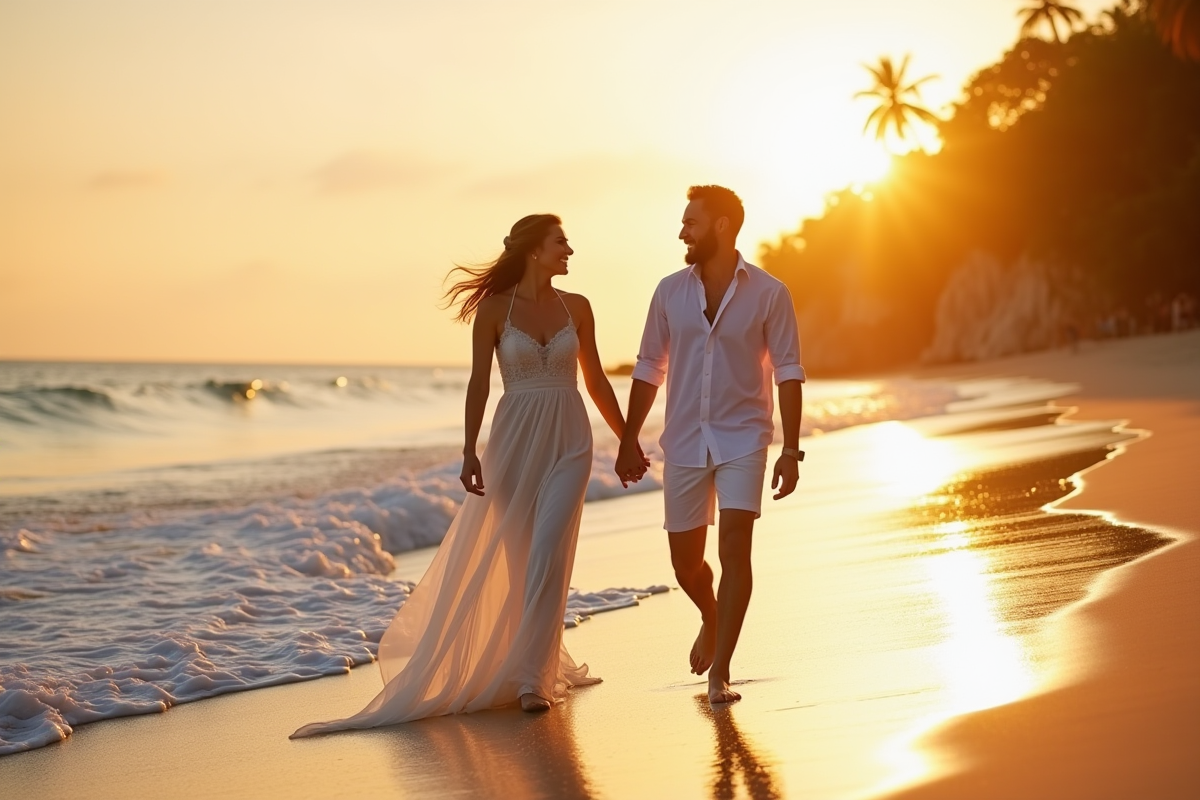 Couple de jeunes mariés marchant main dans la main sur la plage