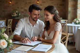 Jeune couple de mariés discutant autour d'un cahier de budget