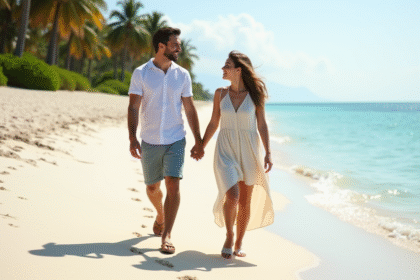Jeune couple de mariés marche sur la plage de sable blanc