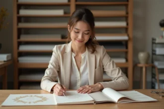 Jeune femme inspectant invitations de mariage élégantes