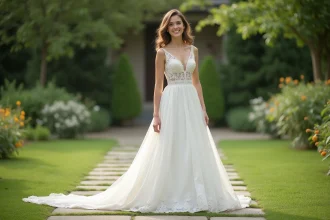 Jeune femme en robe de mariée en lace dans un jardin