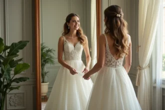 Femme souriante en robe de mariée ajustant sa robe devant un miroir à Paris