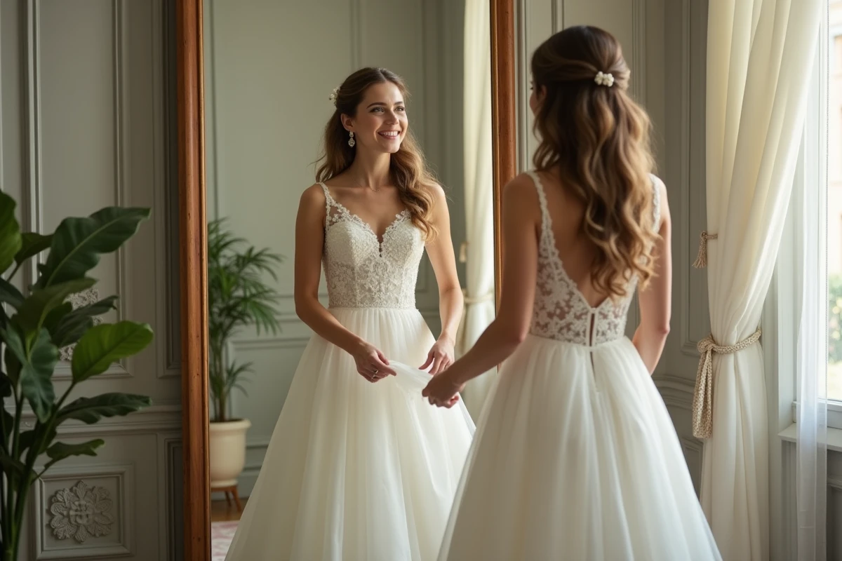 Femme souriante en robe de mariée ajustant sa robe devant un miroir à Paris