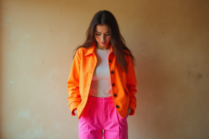 Jeune femme en tenue colorée avec veste orange et pantalon rose