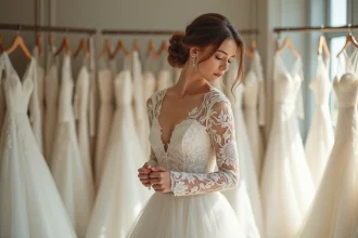Jeune femme en robe de mariée dans une boutique élégante