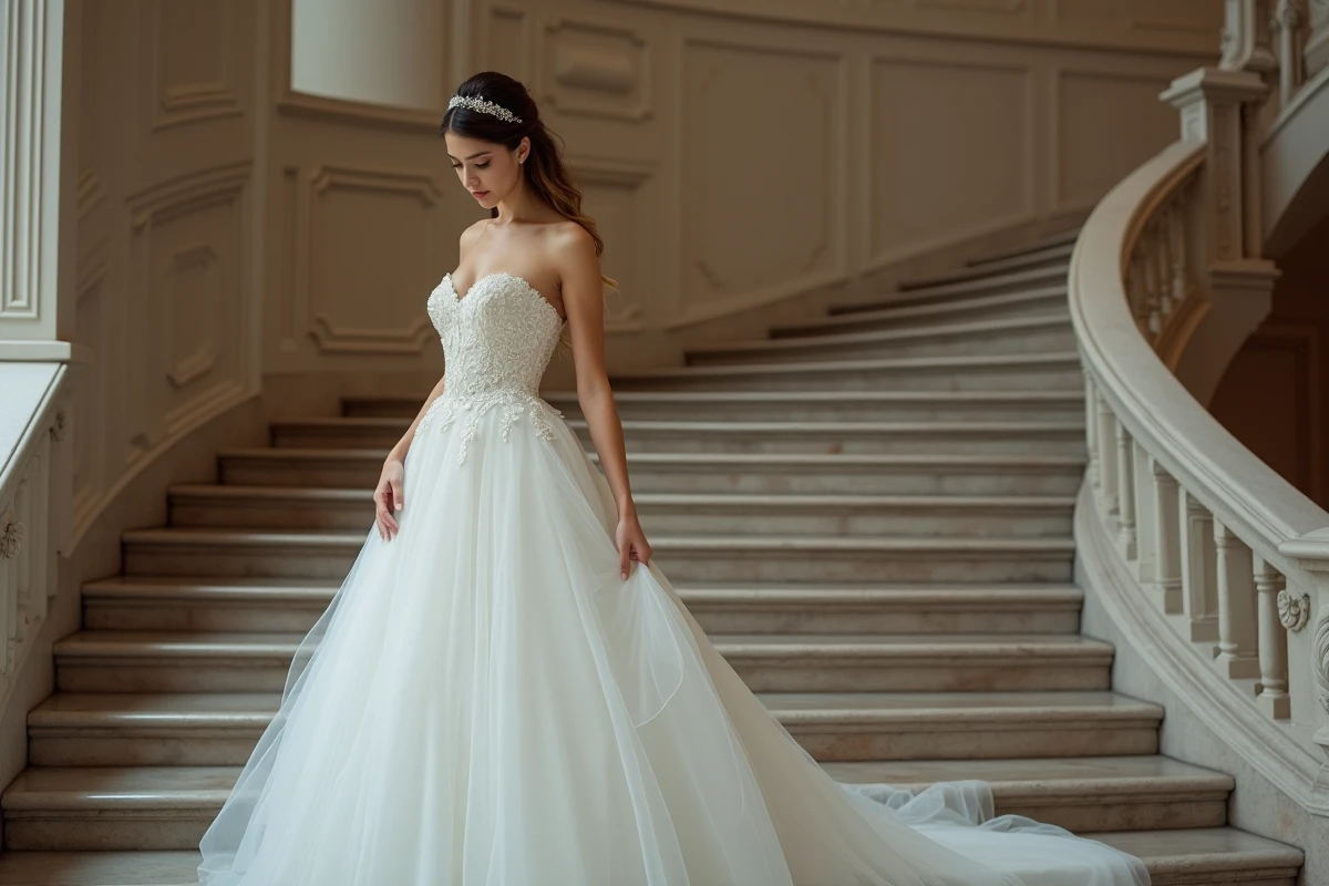 Jeune mariée posant au pied d un escalier intérieur