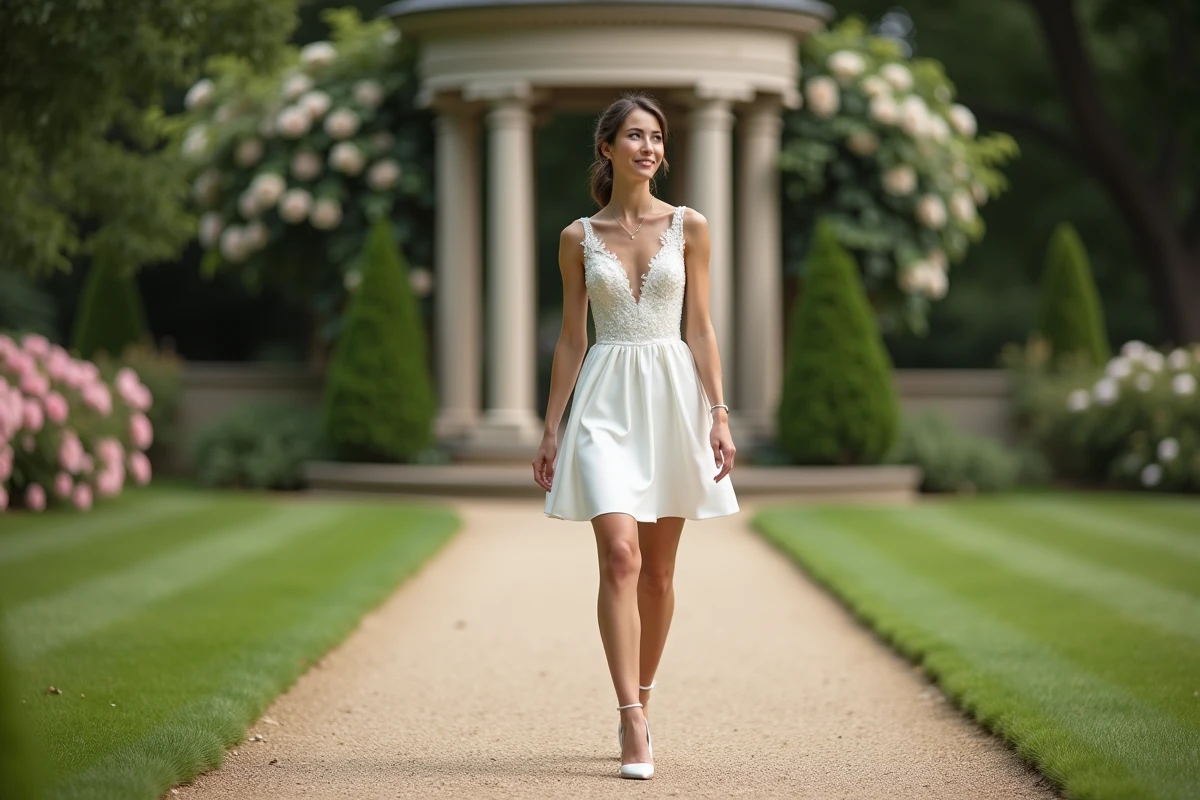 Jeune mariée marchant dans un jardin avec robe blanche et sourire