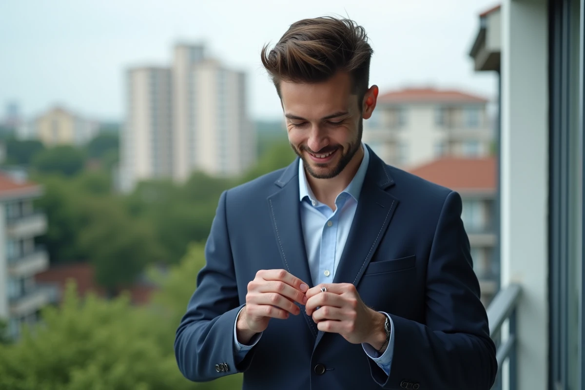 Jeune homme en costume posant avec une bague en ville