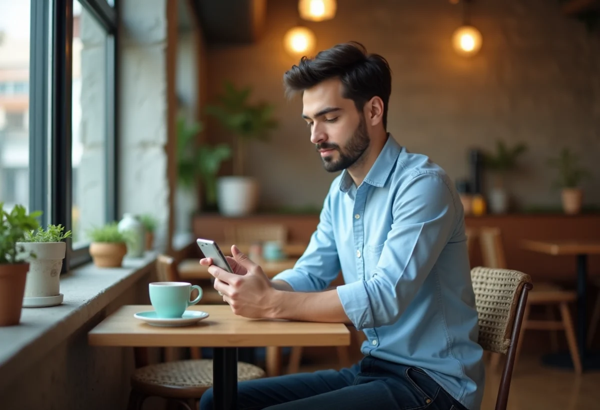 Jeune homme au café regardant son smartphone