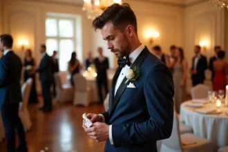 Jeune homme en costume navy tenant une note au mariage