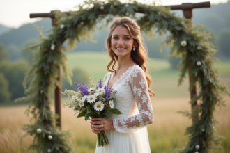Jeune mariée souriante avec bouquet de fleurs champêtres