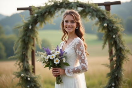 Jeune mariée souriante avec bouquet de fleurs champêtres