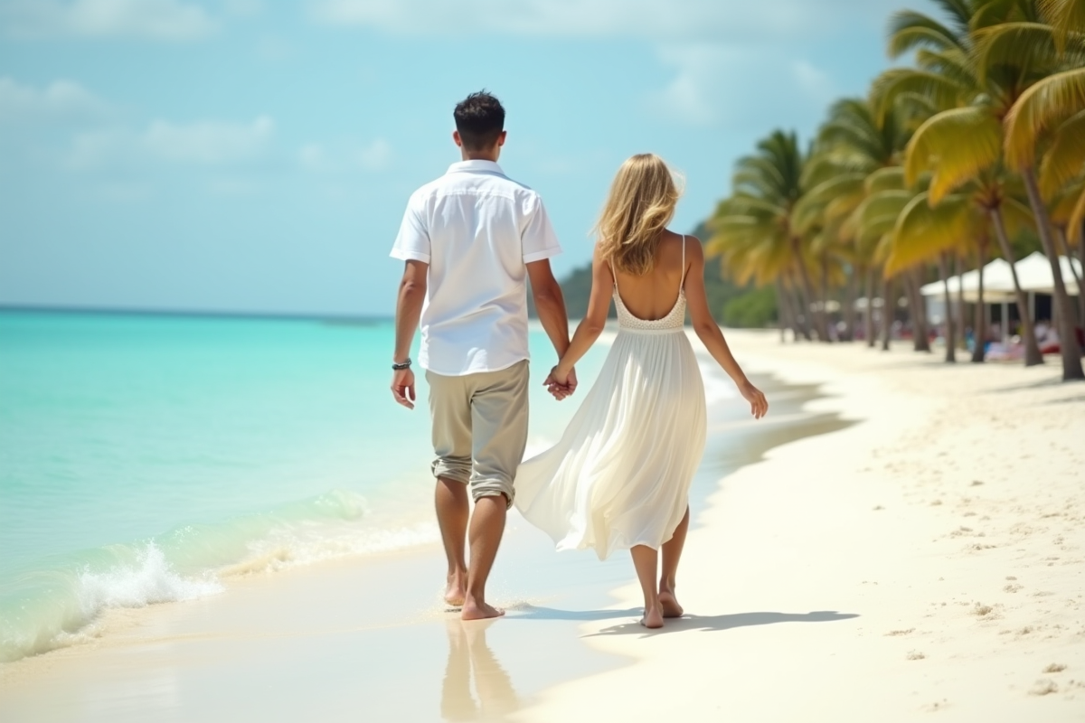 Jeune couple marié marchant sur une plage tropicale
