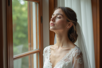 Jeune mariée en robe blanche près d'une fenêtre vintage