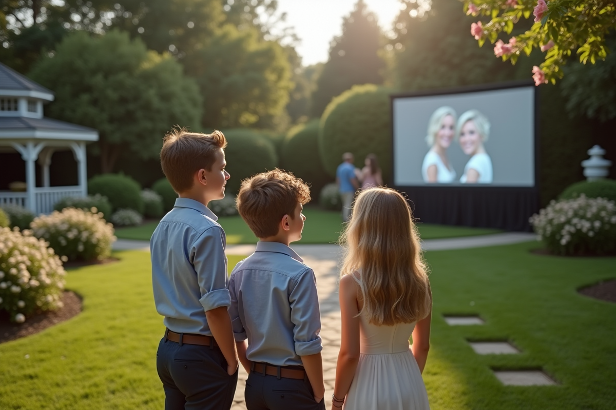Jeunes adolescents et femme regardant un diaporama en extérieur