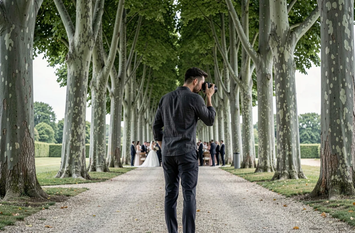 Jordan Chaleix photographiant un cortège de mariage dans une allée d'arbres d'un domaine du Médoc