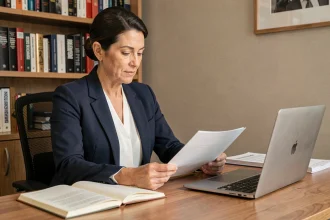Journaliste femme consultant des documents dans un bureau à domicile, illustrant une enquête sur la vie privée et familiale