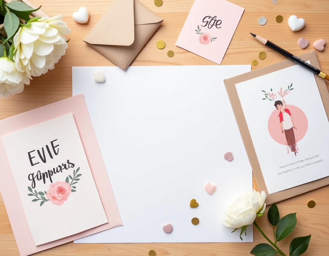 Vue en plat de dessus d'un kit de jeu EVJF imprimé avec cartes de questions, confettis et pivoine blanche sur une table en bois clair
