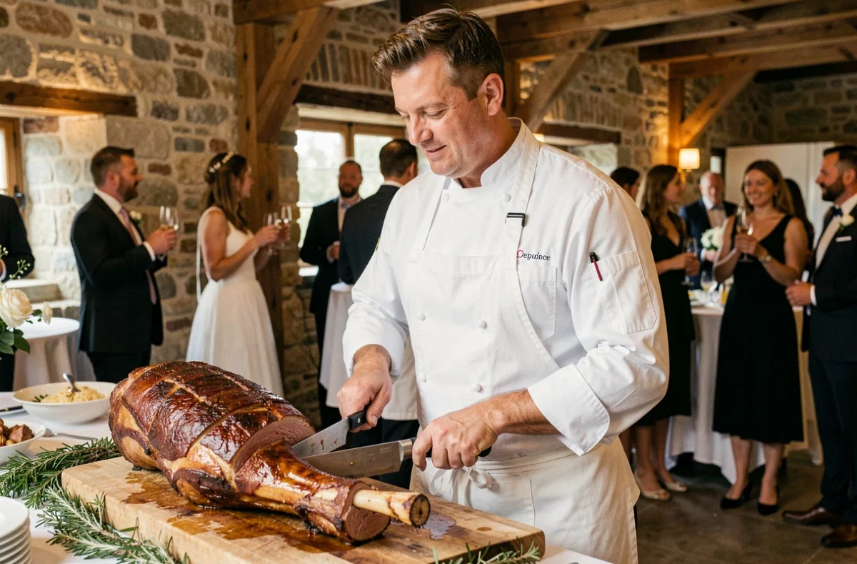 Chef de LB Traiteur découpant un agneau rôti à la station live lors d'un mariage en salle de réception