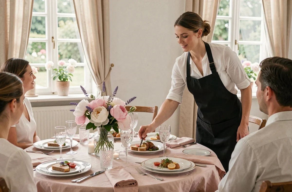 Service de repas de mariage par Léa Passion Traiteur dans une salle champêtre aux tons doux et floraux
