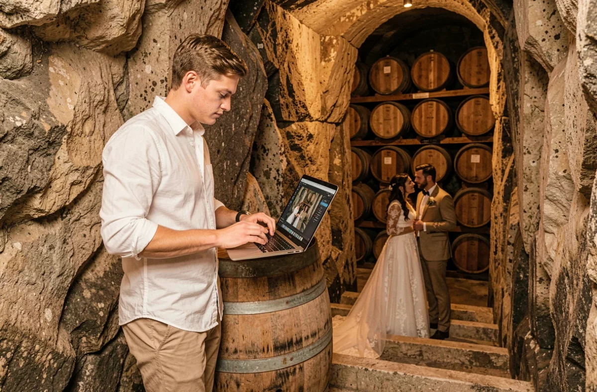 Legoupil Valentin révisant ses clichés sur un tonneau dans une cave viticole de Saint-Émilion lors d'un mariage