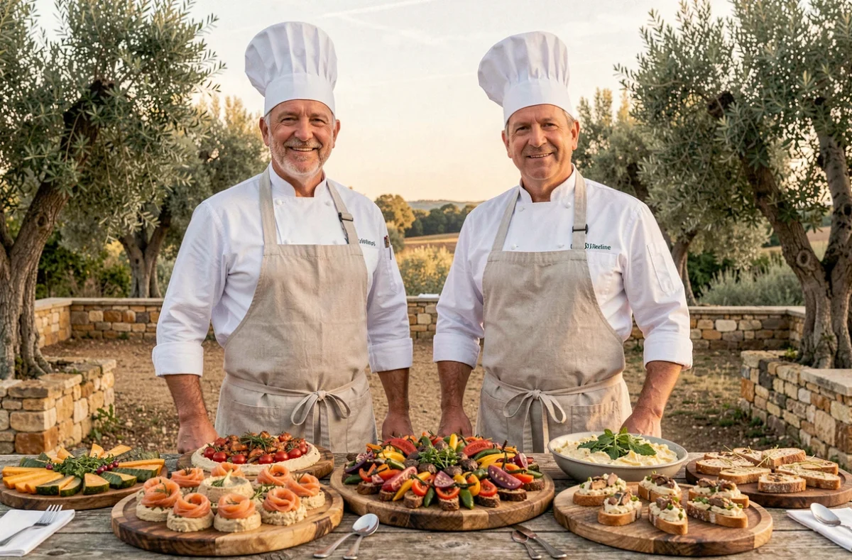 Les deux chefs jumeaux des Jumeaux Authentiques présentant un buffet de partage lors d'un mariage en terrasse