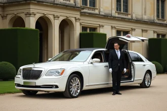 Limousine blanche devant un château français avec chauffeur en uniforme pour un mariage élégant