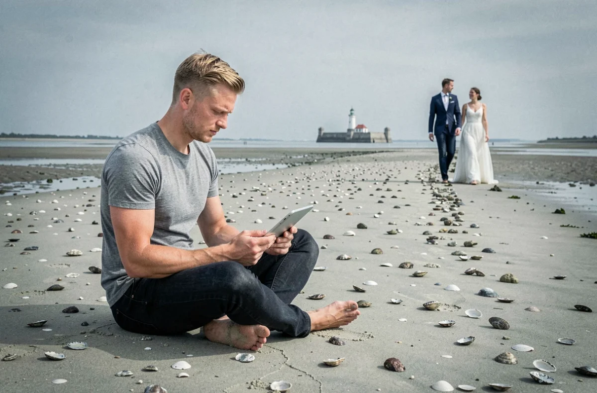 Luka Fayon assis sur une plage de l'estuaire de la Gironde pendant qu'un couple de mariés se promène en bord d'eau