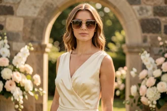 Femme élégante en robe de mariée ivoire portant des lunettes de soleil dorées lors d'une cérémonie laïque en plein air