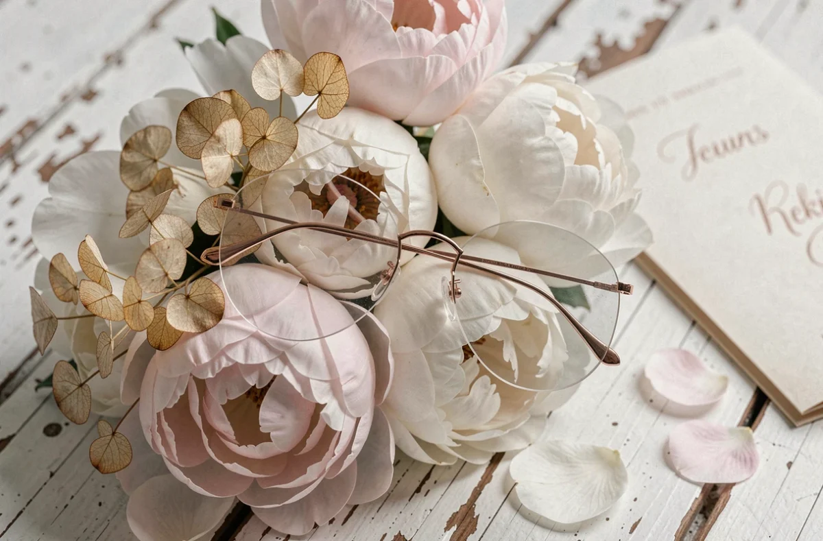 Lunettes de soleil élégantes dorées posées sur un bouquet de pivoines blanches pour un mariage en cérémonie laïque