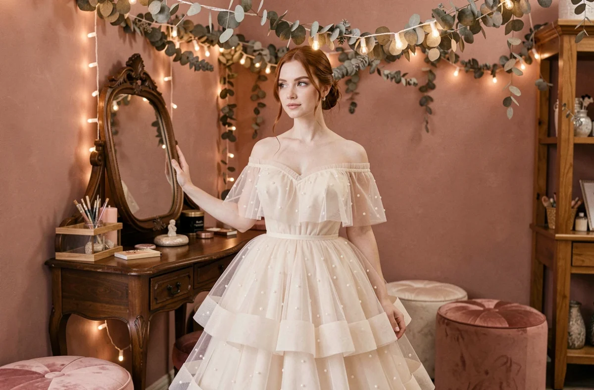 Mariée en robe de tulle à perles dans la boutique poétique Mademoiselle Rêve avec décoration eucalyptus et guirlandes