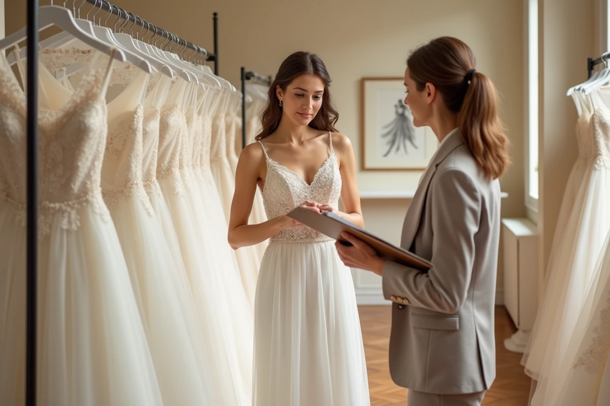 Future mariée examinant une robe de mariée en dentelle dans un magasin de mariage à Bordeaux avec une conseillère professionnelle