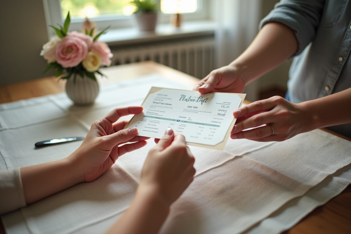 Main échangeant une enveloppe et facture de mariage sur la table