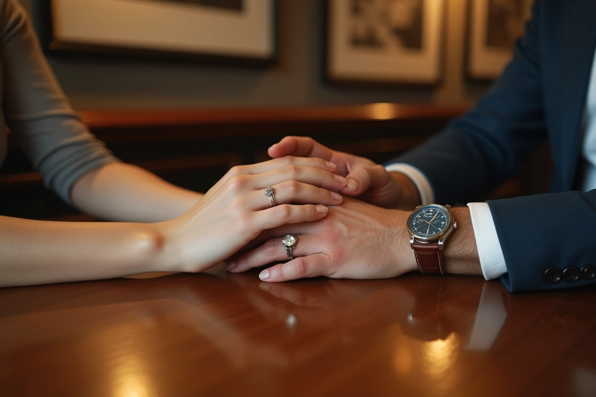 Mains entrelacees sur une table de cafe chic