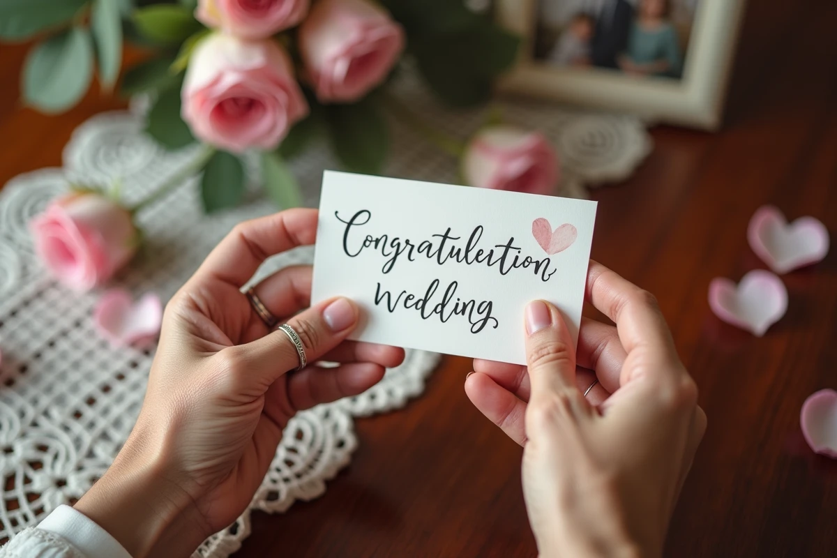 Mains âgées tenant une carte de félicitations de mariage