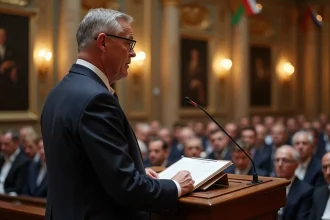 Maire en costume marine lisant un discours de mariage depuis un pupitre en bois dans une salle de mairie ornée de drapeaux tricolores