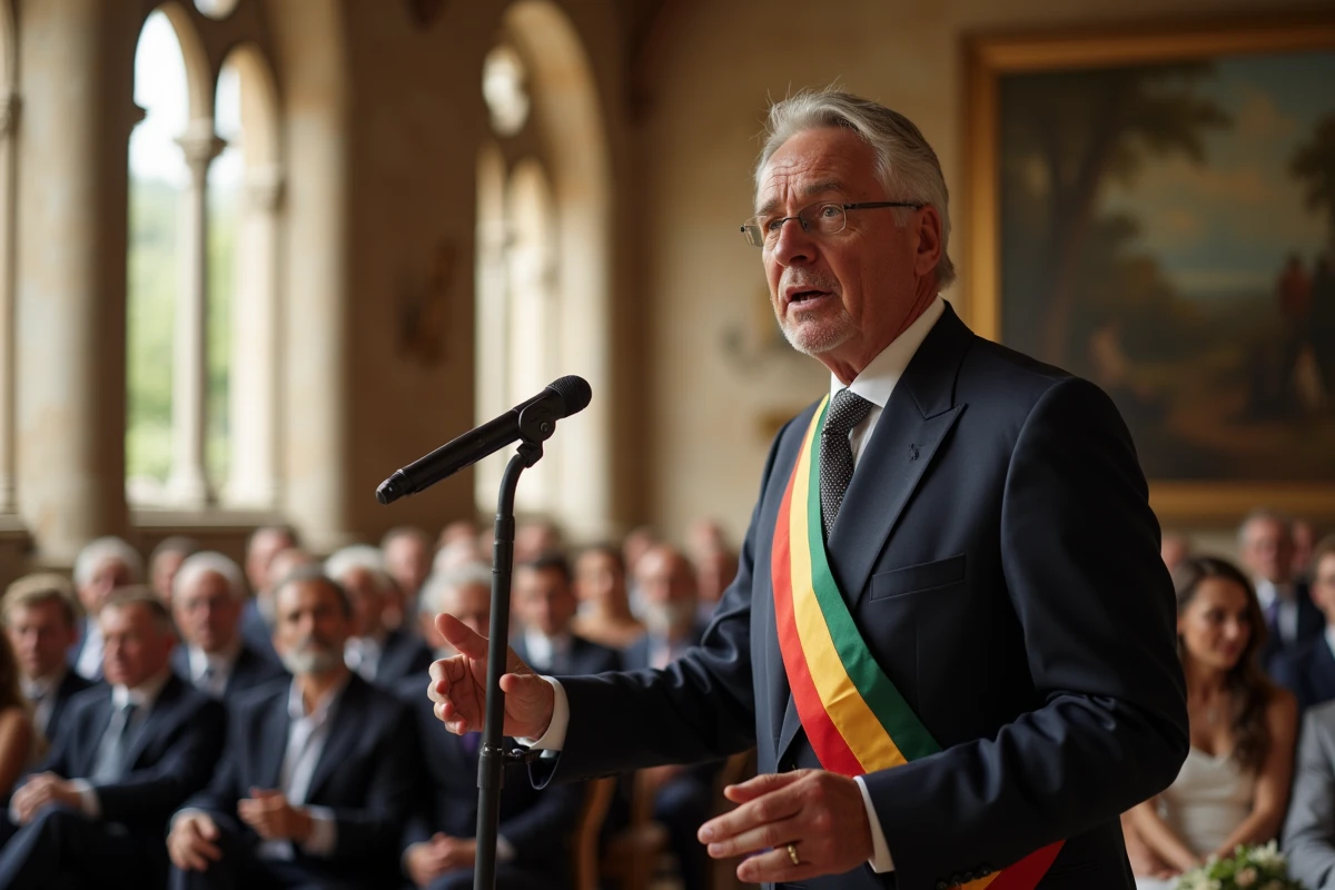 Maire portant l'écharpe tricolore faisant une pause dans son discours de mariage devant des invités réunis dans une mairie historique