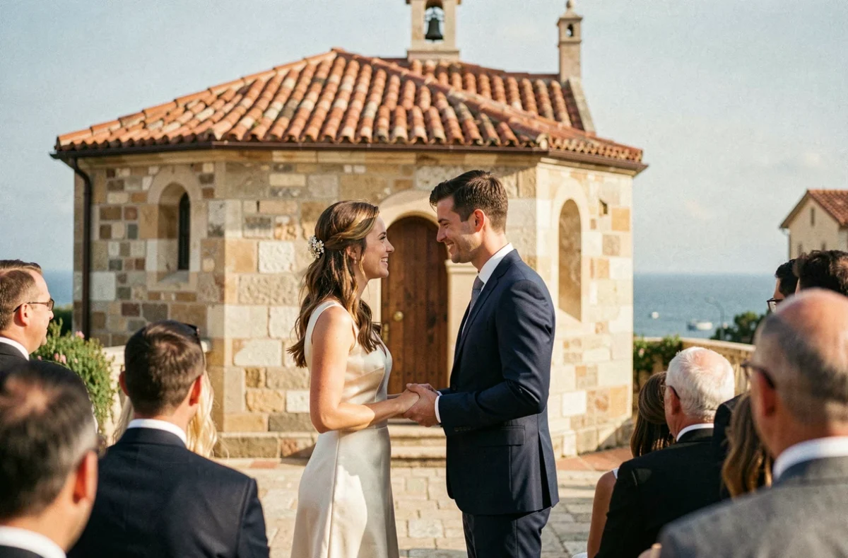Couple de mariés devant une chapelle en pierre à Marseille lors d'une cérémonie de mariage abordable