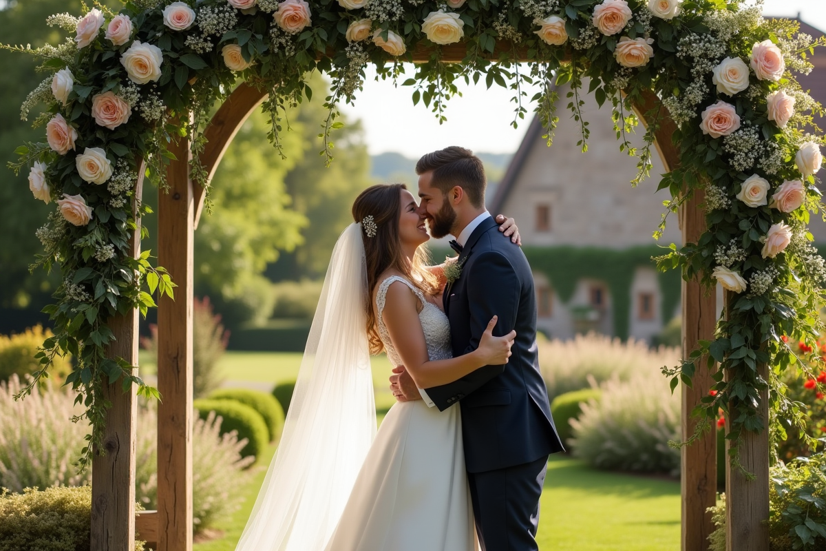 Jeune couple de mariés riant sous une arche en fleurs dans un jardin