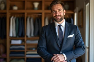 Mariage homme en costume dans un atelier de tailleur