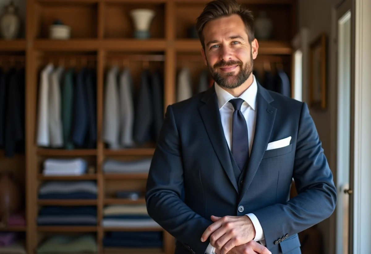 Mariage homme en costume dans un atelier de tailleur