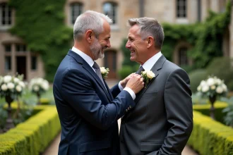 Deux hommes en costume élégant lors d'une cérémonie de mariage intimiste dans un jardin de château français