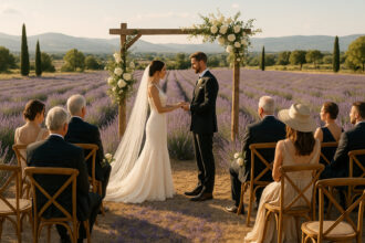 Photo hyperrealiste d'un mariage en plein air dans un champ de lavande en Provence