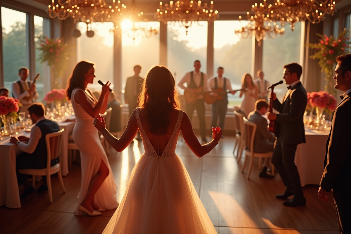 Réception de mariage joyeuse avec groupe live et invités dansants