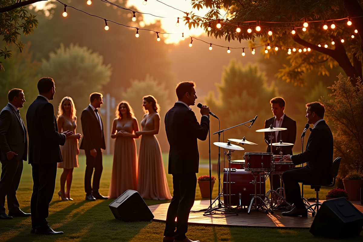 Célébration de mariage en plein air après le coucher du soleil avec groupe en préparation