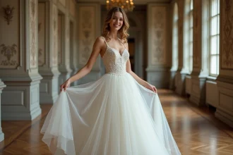 Jeune mariée en robe vintage dans un salon historique
