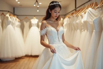 Mariée en robe de mariée ivoire examinant l'ourlet dans une boutique de mariage élégante