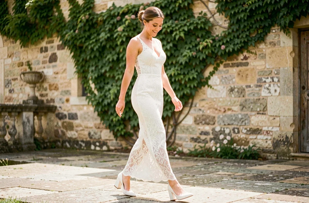 Mariée portant des chaussures blanches à talon bloc sur terrasse en pierre de château français